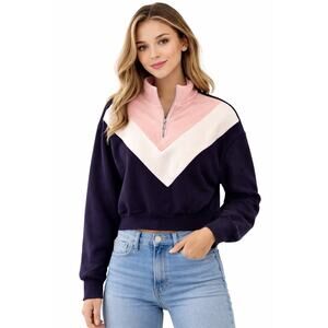 H&M Divided Cropped Half Zip Retro Pullover Navy Blush Color block
